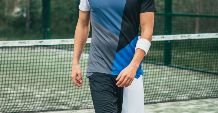 Sportswear - Man Wearing Blue, Gray, and Black Crew-neck Shirt