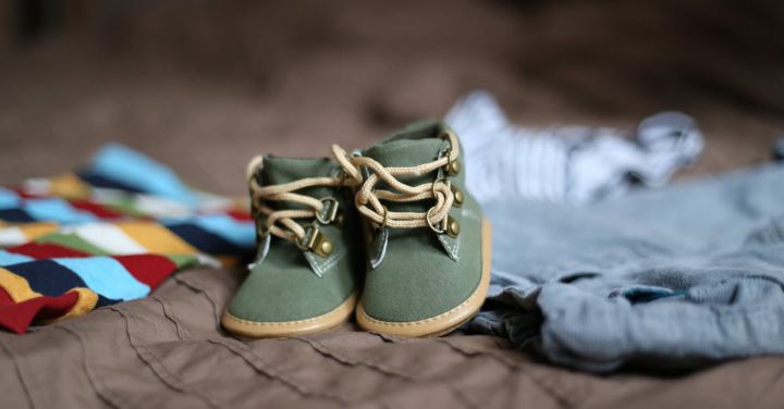 Kids Clothes - Baby's Green and Beige Sneakers on Brown Textile