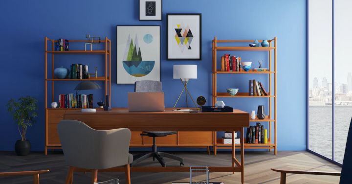 Home Decor - Brown Wooden Desk With Rolling Chair and Shelves Near Window