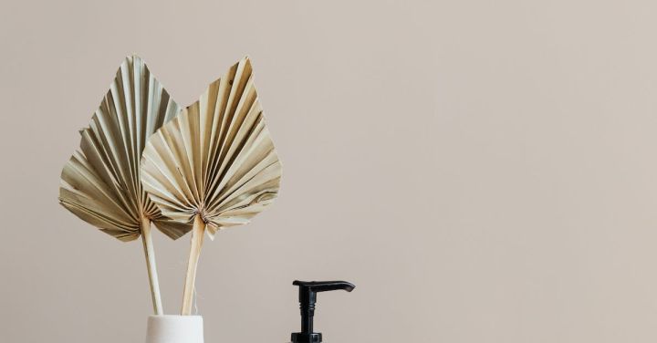 Beauty Essentials - Set of cosmetic supplies near decorative leaves in vase on marble shelf